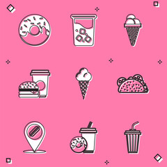 Set Donut, Glass with water, Ice cream in waffle cone, Coffee and burger, Taco tortilla, Location hotdog and Soda drink donut icon. Vector