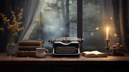 a serene desktop scene with a vintage typewriter and a stack of aged books on a wooden desk