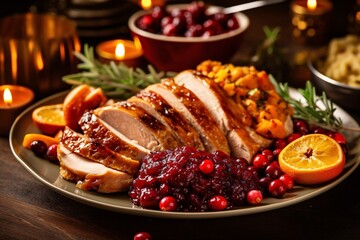 Christmas roast turkey with cranberry sauce, orange and rosemary. Thanksgiving dinner with turkey,...