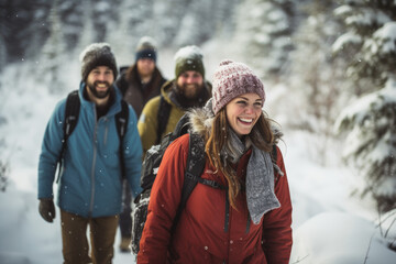 Group of friends enjoying a winter hike together