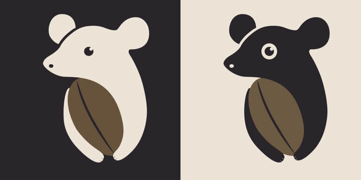 Two options for minimalistic coffee icons: on a light and on a dark background. A civet holding a coffee bean in its paws