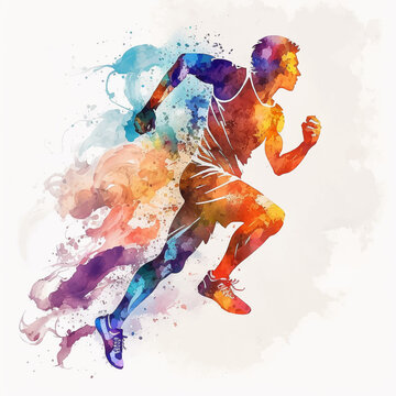 Running athlete vector watercolor hand painting