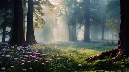a serene, misty forest glade, where a carpet of wildflowers stretches beneath towering trees, their trunks disappearing into the fog