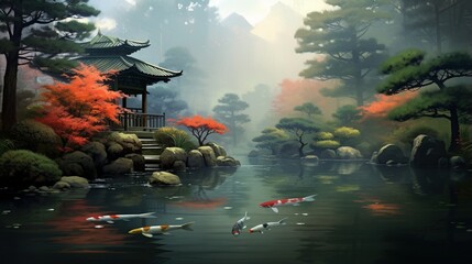  A tranquil Japanese garden with red maple trees, green pines and koi fish in the pond