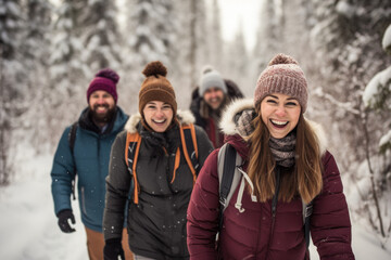 Group of friends enjoying a winter hike together