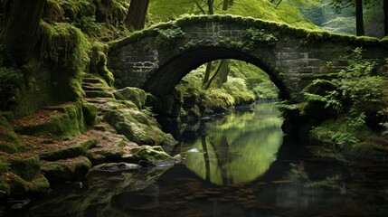 A serene, moss-covered stone bridge crossing a tranquil river, a relic from a bygone era of craftsmanship - obrazy, fototapety, plakaty