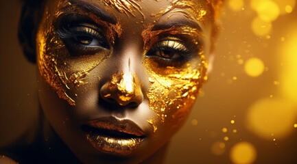 Fashion Model with Glitter Art Pose in Bold Golden Blends on black background