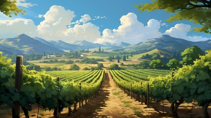 a serene, sun-dappled vineyard, with orderly rows of grapevines stretching into the distance, their...