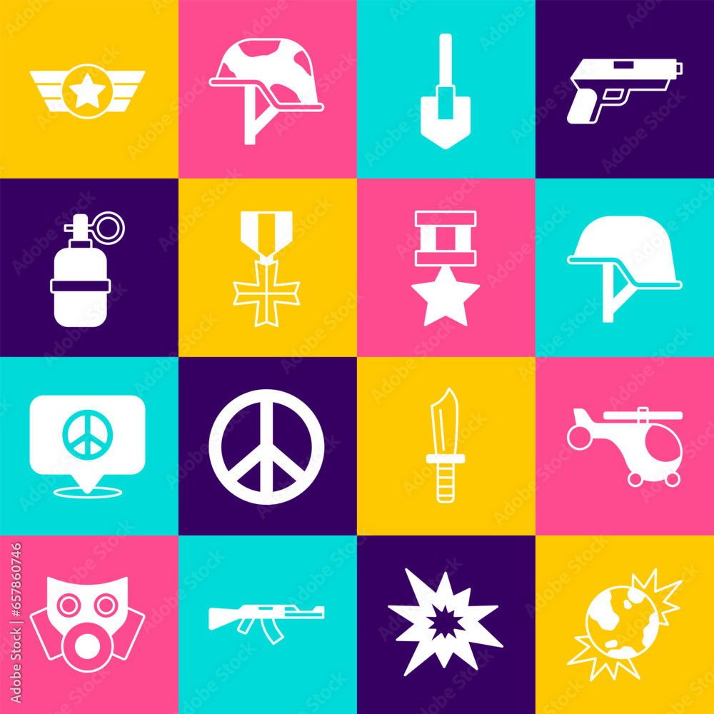 Wall mural Set Bomb explosive planet earth, Helicopter, Military helmet, Shovel, reward medal, Hand grenade, Star American military and icon. Vector