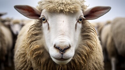 A sheep gazing curiously at the camera, its eyes reflecting a deep intelligence