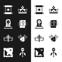 Set Holy bible book, Grave with tombstone, Decree, parchment, scroll, King crown, Christian cross, Medieval shield axe, Magic staff and Pirate treasure map icon. Vector