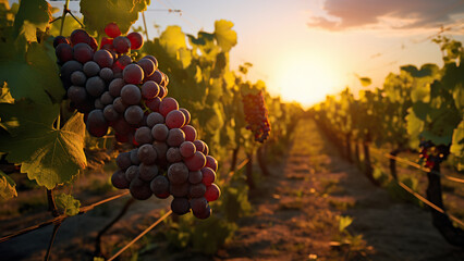 Branch of grapes on the background of grape plantations and sunset.  - obrazy, fototapety, plakaty