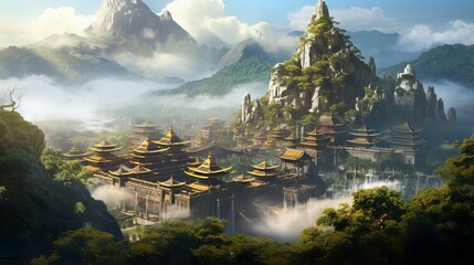 A sprawling, centuries-old Buddhist temple complex nestled among misty mountains, a sanctuary of ancient wisdom
