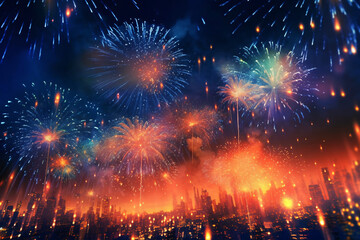 Colorful fireworks on dark sky background for celebration happy new year and merry christmas. Colorful fireworks of various colors over night sky. New Year celebration background