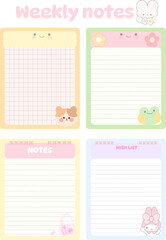 set of elements Cards notes. Kids notebook page vector template. Stickers, labels, tags paper sheet illustration. Set of planners and to do lists with simple girls  illustrations with animal character