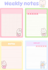 Cards notes. Kids notebook page vector template. Stickers, labels, tags paper sheet illustration. Set of planners and to do lists with simple girls  illustrations with animal character