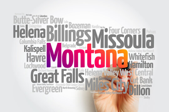 List of cities in Montana USA state, map silhouette word cloud, map concept background