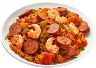 Delicious Tasty Jambalaya in Plate, Chicken, Shrimp, Sausage, new orleans, PNG, Transparent, isolate