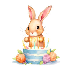 Cute bunny and birthday cake watercolor paint