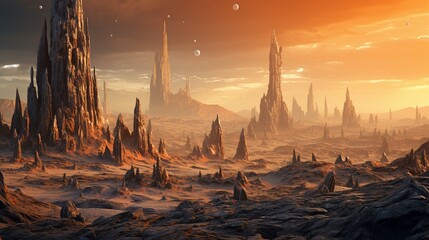 A surreal, alien landscape with towering, crystalline rock spires jutting up from an endless desert - obrazy, fototapety, plakaty