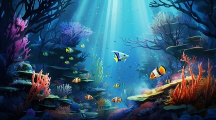Fototapeta na wymiar a surreal underwater world with a school of luminescent fish gliding gracefully around a coral reef
