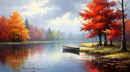 a tranquil countryside scene with a solitary rowboat drifting on a mirror-like pond, surrounded by...