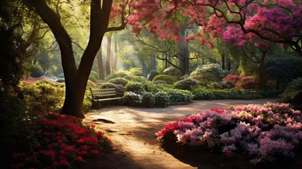 Fototapeten a tranquil garden filled with blooming azaleas, their vibrant blooms creating a riot of color beneath the dappled shade of trees © Shahzaib