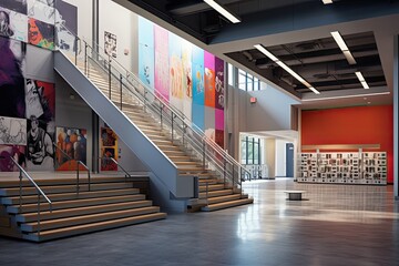 Interior school lobby with row of grey lockers and stairs - Powered by Adobe