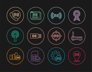 Set line Location 5G network, Router and wi-fi signal, modem, Antenna, Phone with, and icon. Vector
