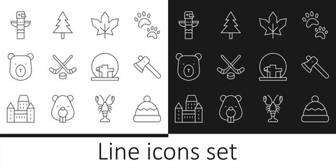 Set line Beanie hat, Wooden axe, Canadian maple leaf, Ice hockey sticks and puck, Bear head, totem pole, Montreal Biosphere and Christmas tree icon. Vector