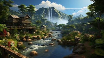 Natural landscape of a computer game, graphics. Concept: game and visual development