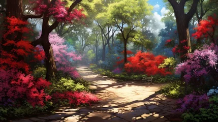 Foto op Canvas a tranquil garden filled with blooming azaleas, their vibrant blooms creating a riot of color beneath the dappled shade of trees © Shahzaib