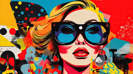 Fotobehang Abstract comic collage of iconic 90s fashion trends, set against a groovy pop art background   AI generative © SK