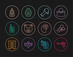 Set line Honey dipper stick with honey, Honeycomb and hand, Bear head, Jar of, Beekeeper and Hive for bees icon. Vector