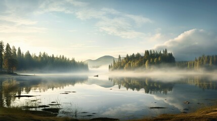 A tranquil, mist-covered lake nestled between rolling hills, reflecting the surrounding nature like a mirror