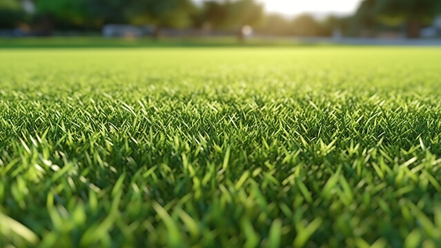 A photo of a green lawn in a macro shot against the background of the sun's rays. 