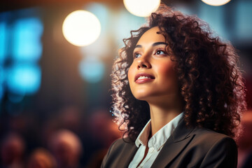 Close up Portrait of young Businesswoman attending a leadership business conference, listening to Motivational inspiring confident speakers and gaining insights into effective practices Event. - obrazy, fototapety, plakaty