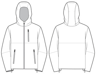 Wind cheater Hoodie jacket design flat sketch Illustration, Wind breaker Hooded jacket with front and back view, winter jacket for Men and women. for hiker, outerwear and workout in winter © Fathima Flats