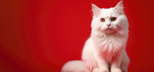 white  cat on  red background , with copy space 