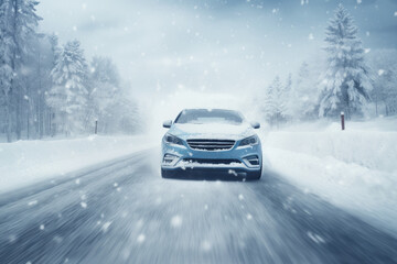 Fototapeta na wymiar Car driving confidently on a snow-covered road with winter tires