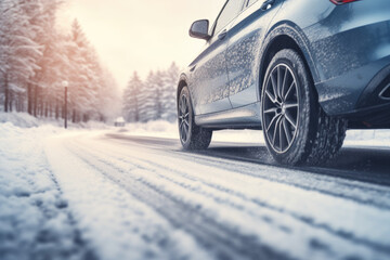 Car driving confidently on a snow-covered road with winter tires - obrazy, fototapety, plakaty