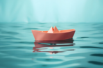  Paper boat on pastel blue background. Minimalist concept.