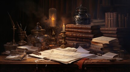 an antique study, featuring an ornate inkwell and a stack of handwritten letters - obrazy, fototapety, plakaty