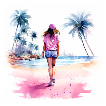 Girl walking on the beach with palm trees watercolor paint