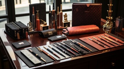 an assortment of high-quality fountain pens and elegant stationery