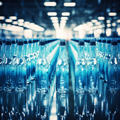 Clean blue bottles moving down a production line in a bottling plant. Clean and sleek white light reflections.