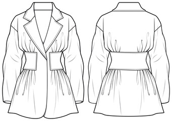 Women's Notch lapel overcoat casual jacket flat sketch fashion illustration front and back view, Casual Volume coat jacket with gathered waist technical drawing vector template. - obrazy, fototapety, plakaty