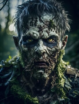 extreme closeup portrait of a forest Zombie partially skeletonized zombie rotten face overgrown with moss aggresive cinematic lighting dangerous furious Hyperdetailed portrait photograph weta 