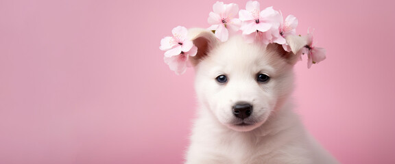 white dog with flower of sakura on its head ,pink background with copy space 