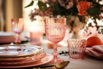 Obraz na płótnie Canvas Festive holiday table setting featuring peachy pink and coral-themed decorations